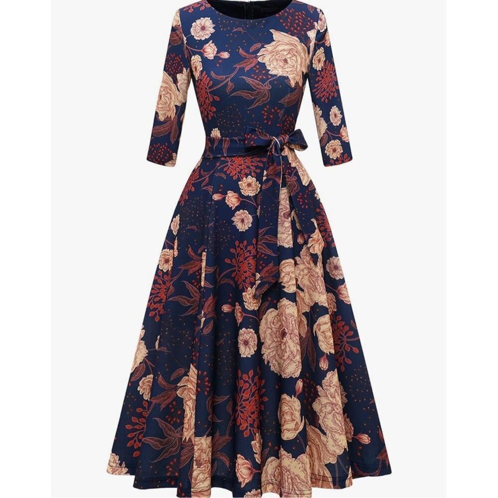 Navy Floral Midi Dress with Tie Waist